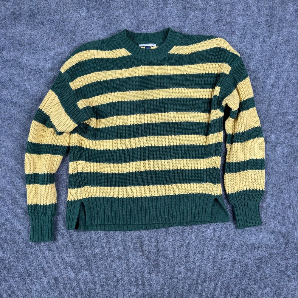 American Eagle Sweater Womens XS Green Yellow Striped Cotton Knit Crewneck Slits